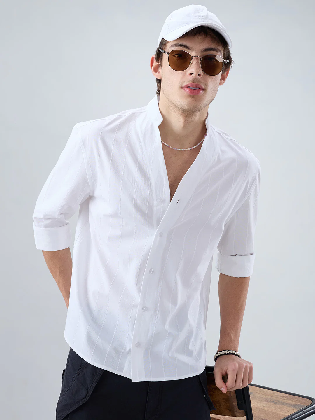 Snow White Panel Textured Stand Collar Oversized Shirt - Image 2