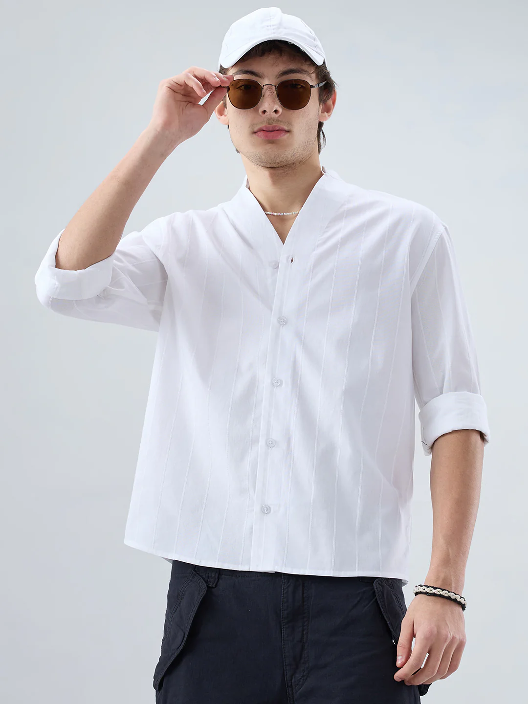 Snow White Panel Textured Stand Collar Oversized Shirt - Image 4