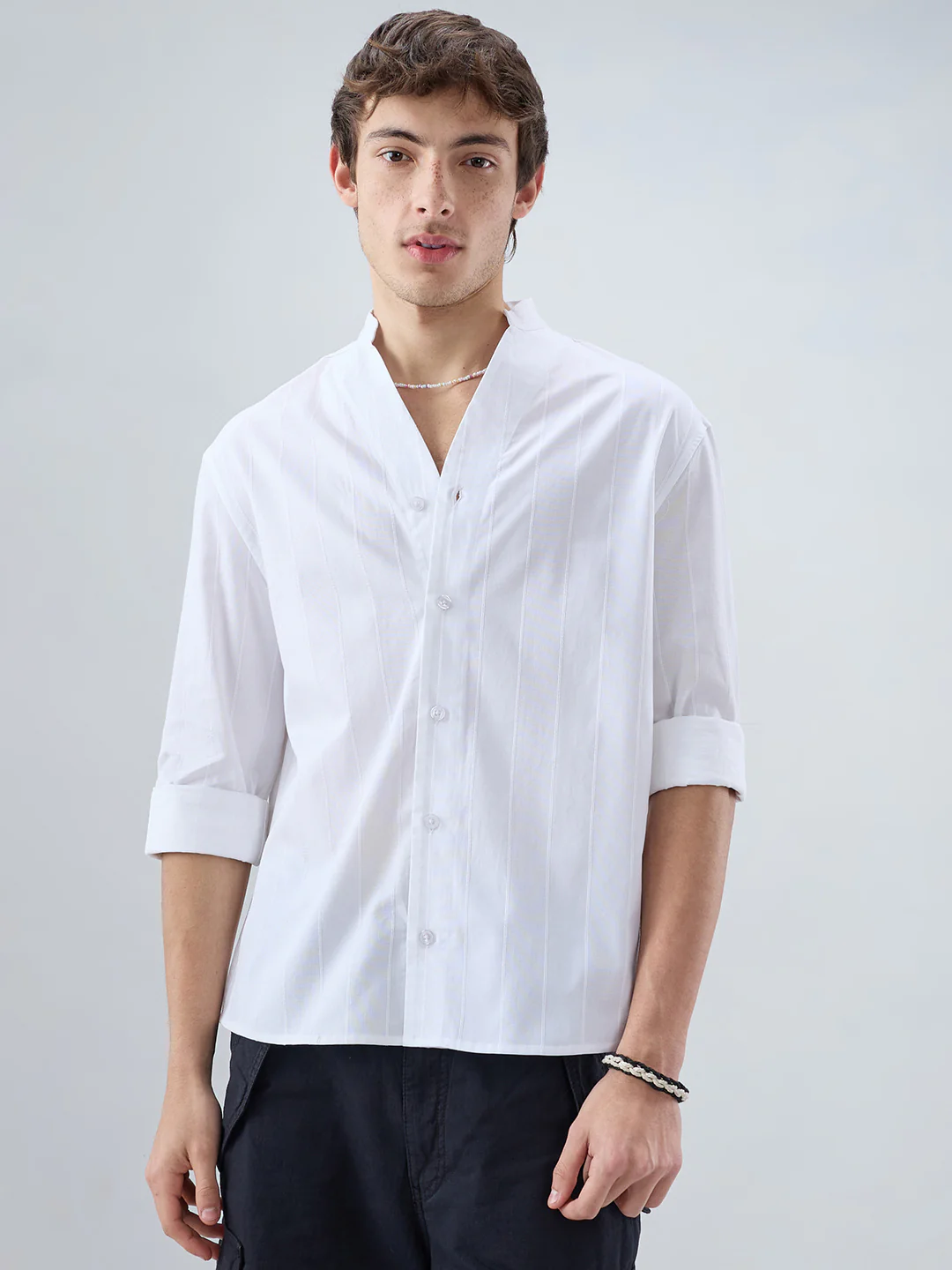 Snow White Panel Textured Stand Collar Oversized Shirt - Image 5