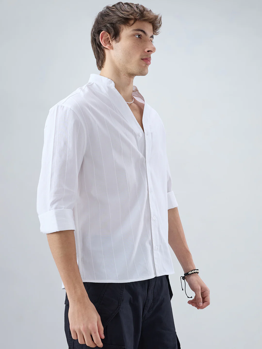 Snow White Panel Textured Stand Collar Oversized Shirt - Image 6
