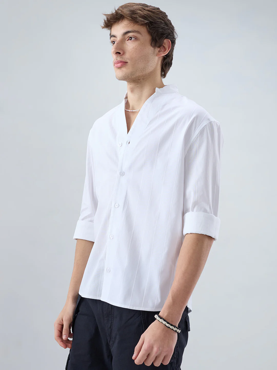 Snow White Panel Textured Stand Collar Oversized Shirt - Image 7