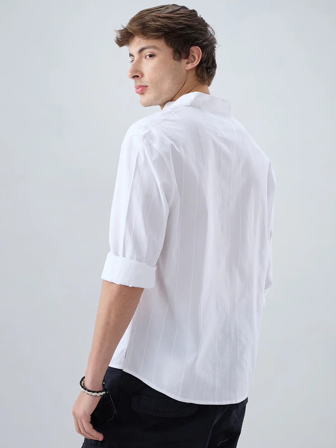Snow White Panel Textured Stand Collar Oversized Shirt - Image 8
