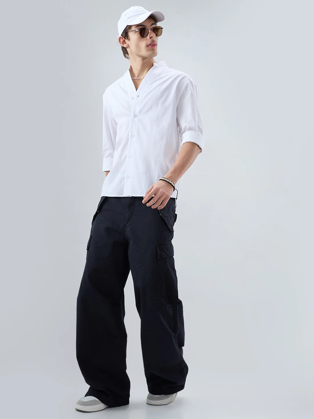 Snow White Panel Textured Stand Collar Oversized Shirt - Image 9