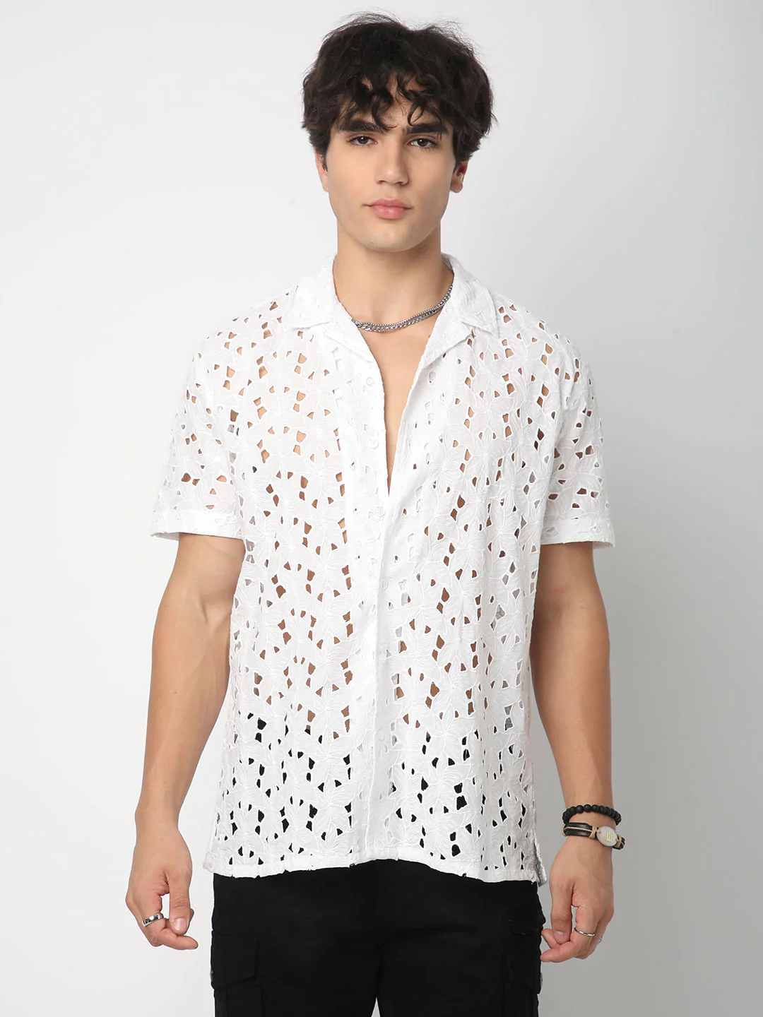Snow White Schiffli Notch Collar Oversized Shirt - Image 4