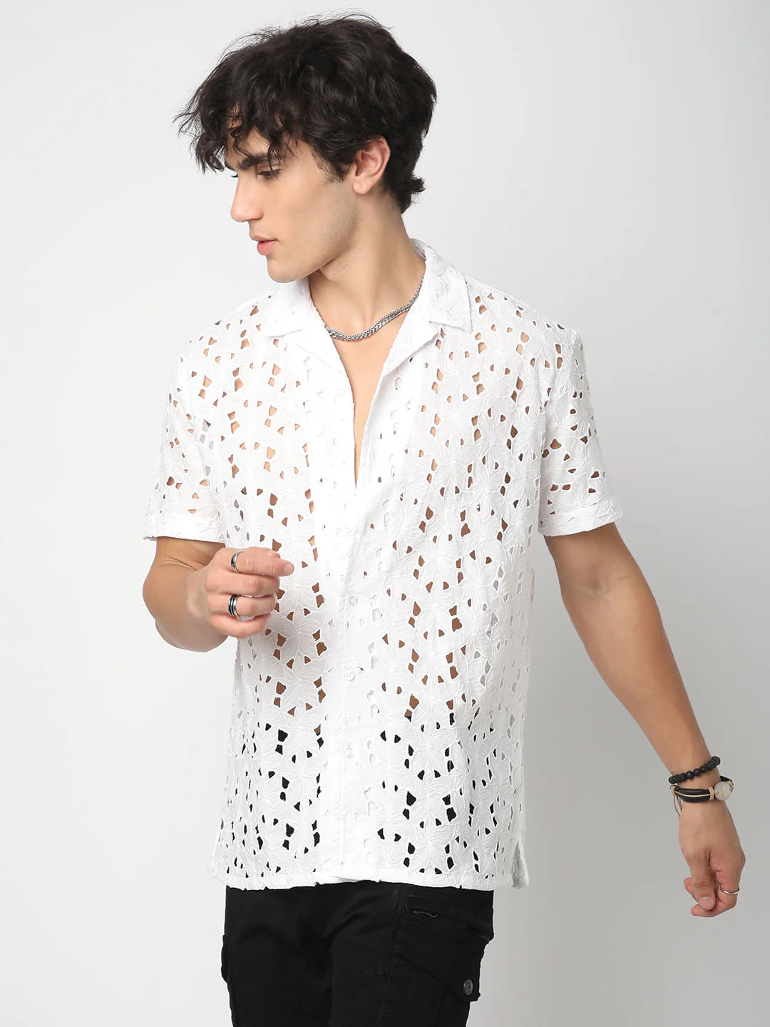 Snow White Schiffli Notch Collar Oversized Shirt - Image 5