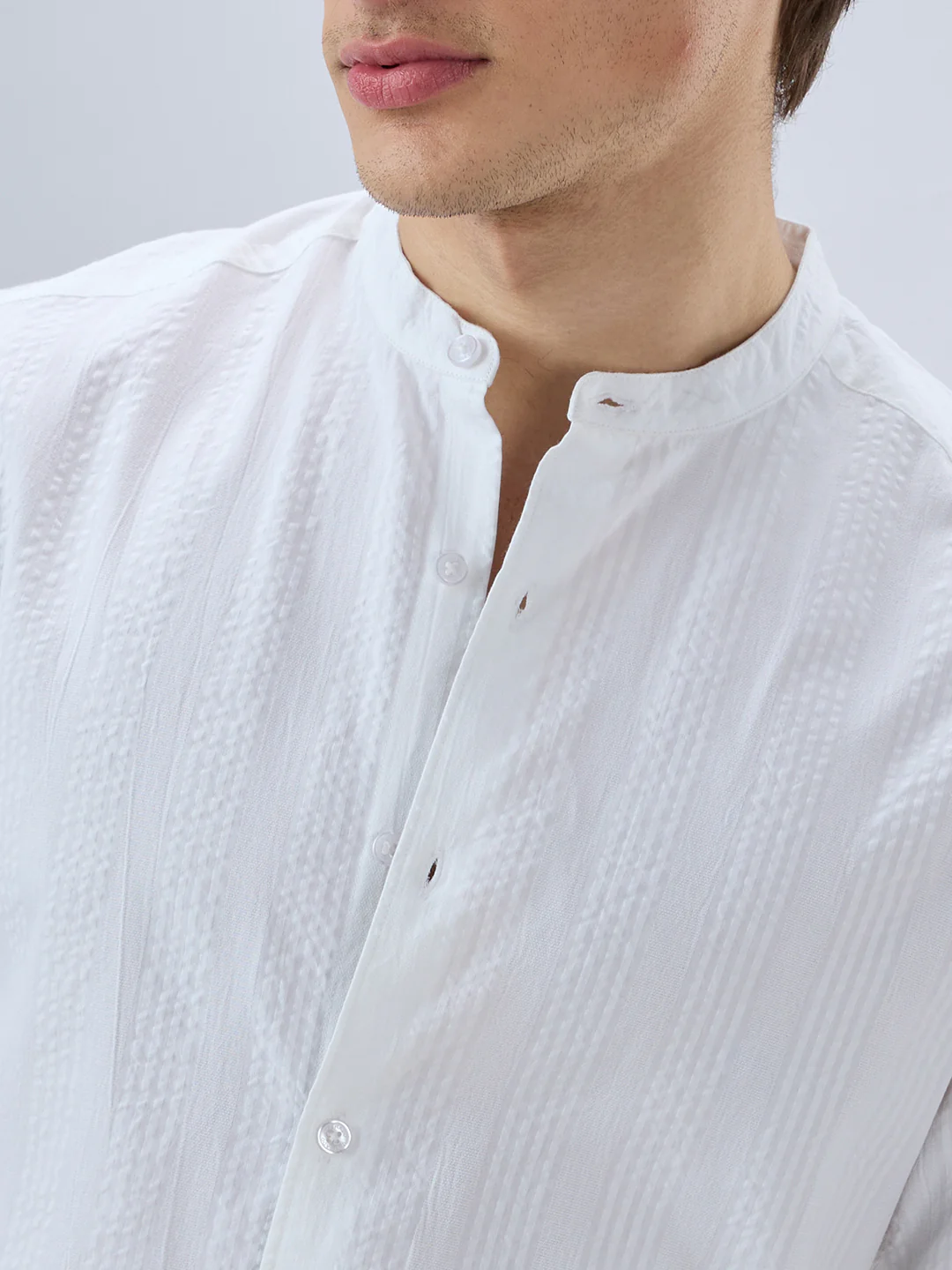 Snow White Seersucker Striped Mandarin Shirt - Image 3