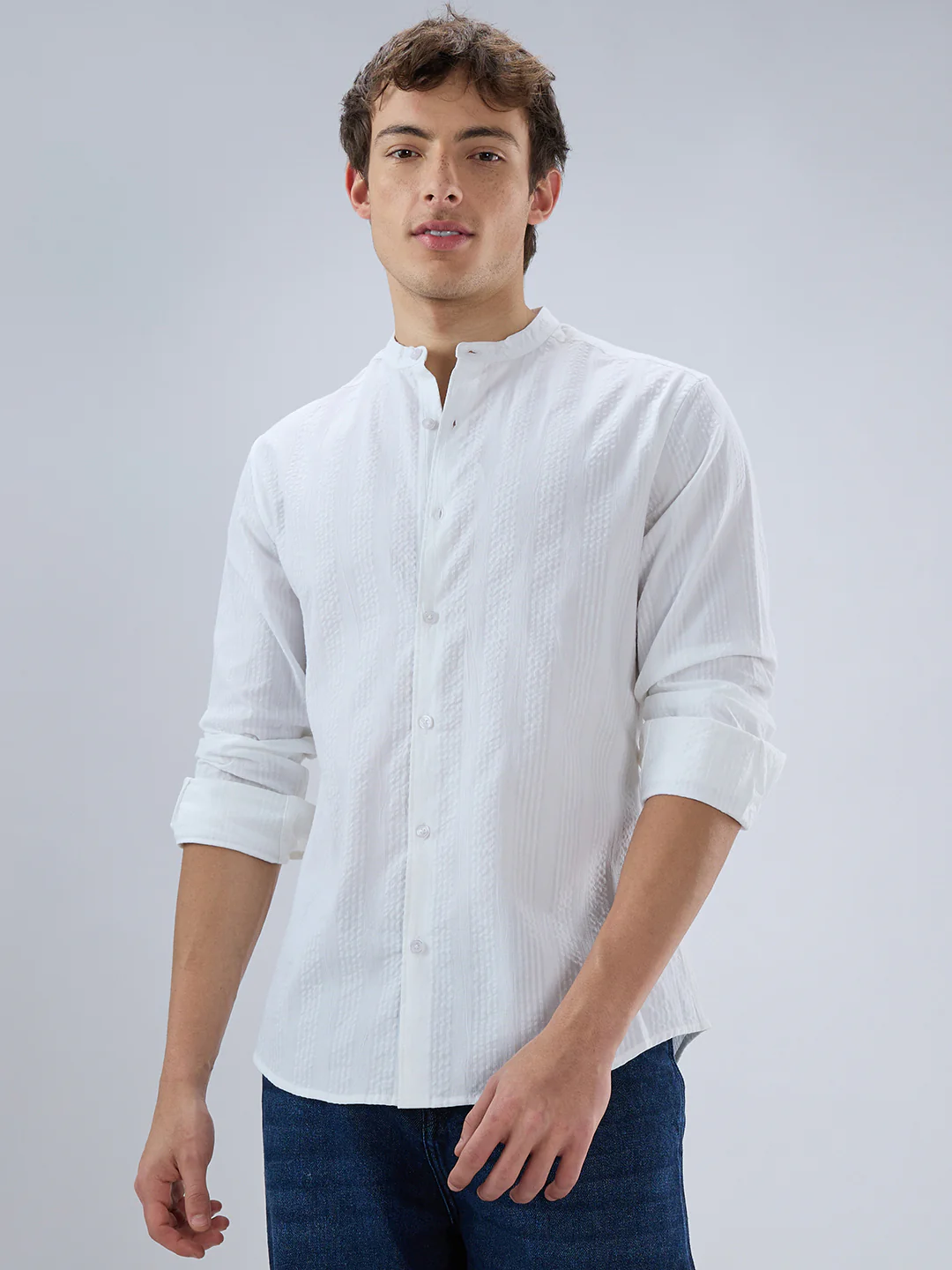 Snow White Seersucker Striped Mandarin Shirt - Image 5
