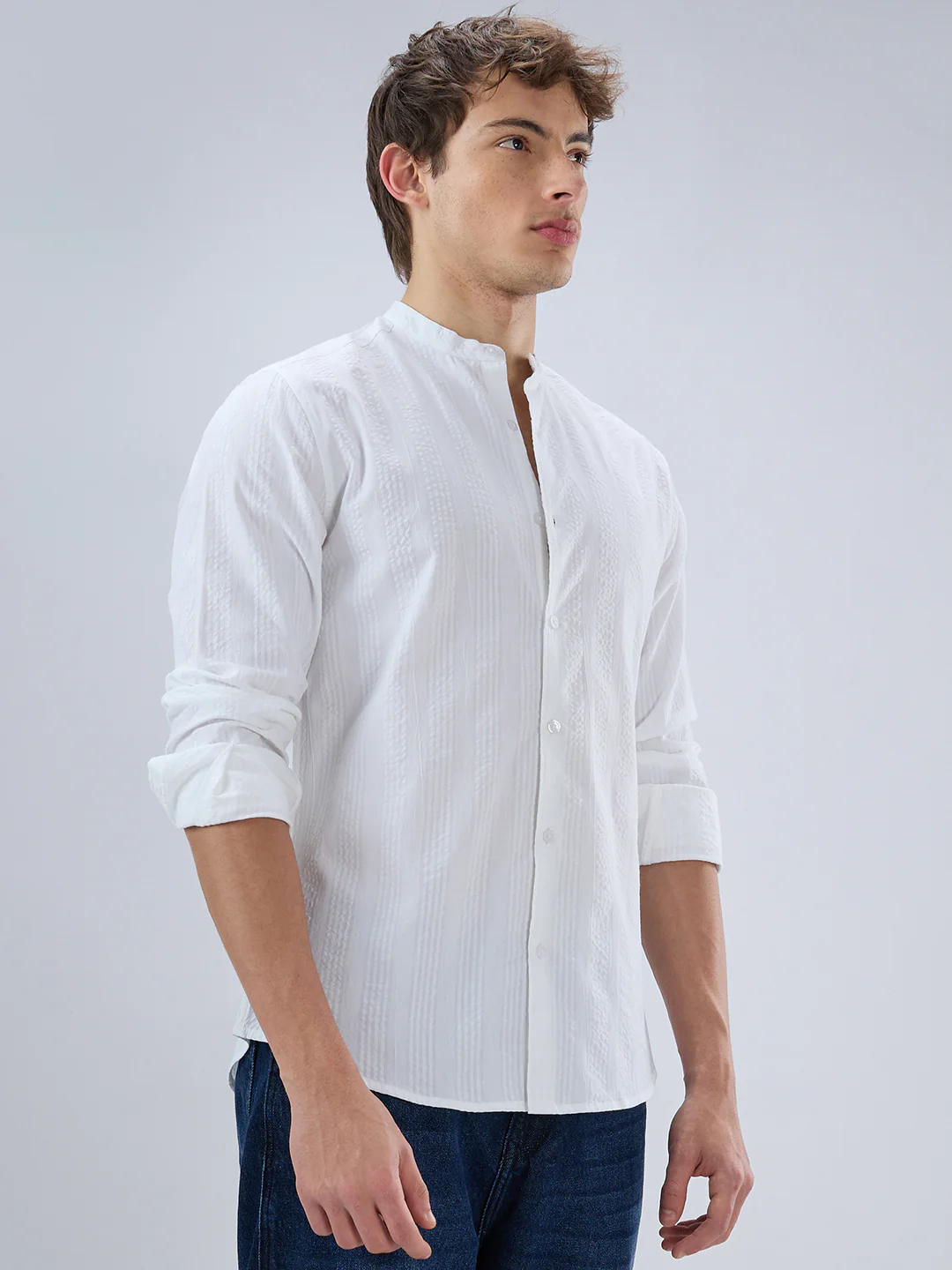 Snow White Seersucker Striped Mandarin Shirt - Image 6