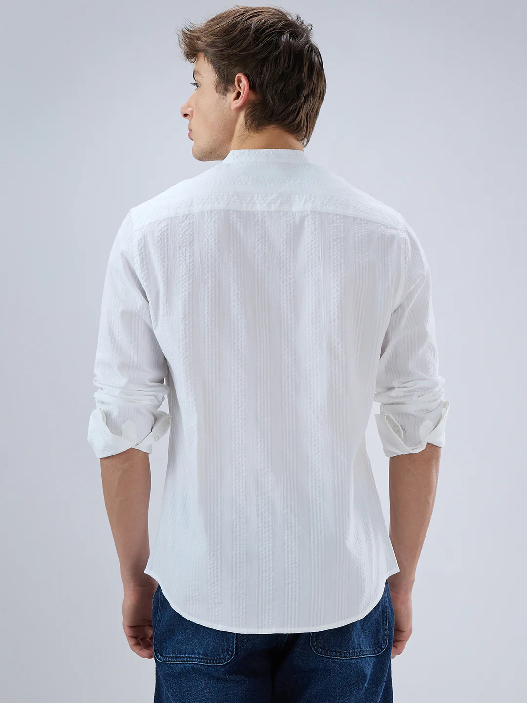 Snow White Seersucker Striped Mandarin Shirt - Image 7