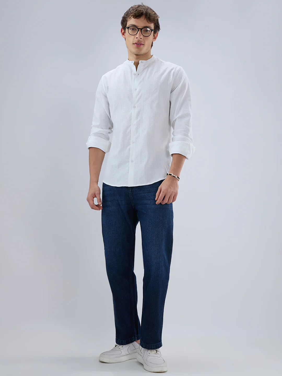 Snow White Seersucker Striped Mandarin Shirt - Image 8