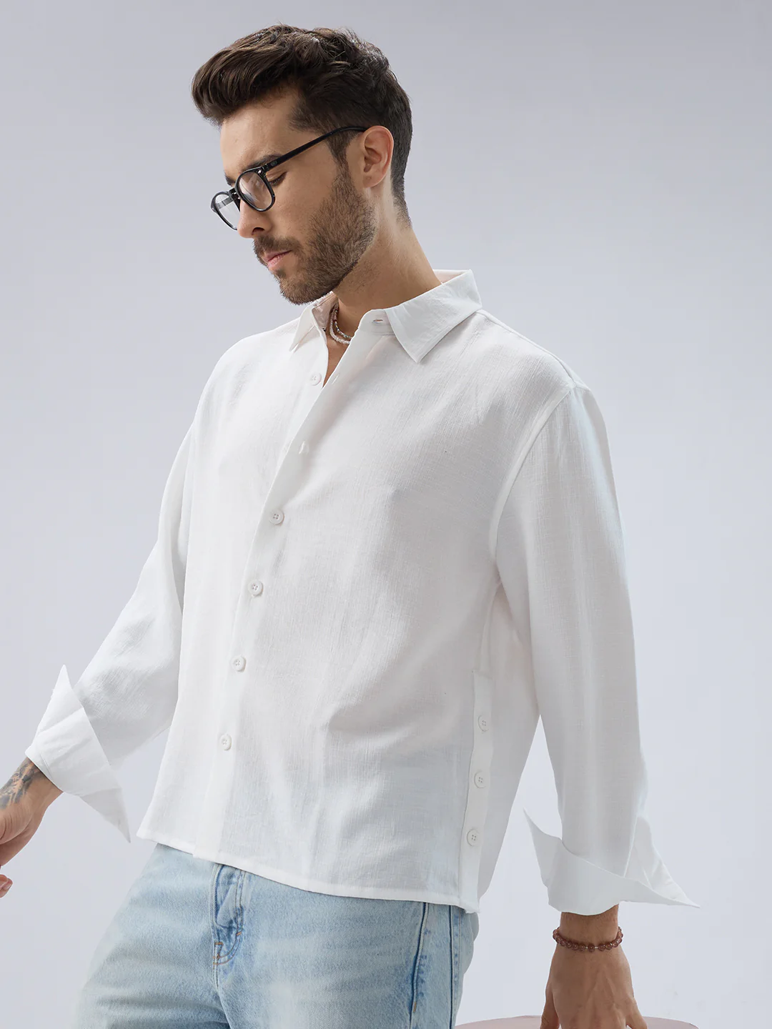 Snow White Side Slit Button Slub Textured Oversized Crop Shirt - Image 2