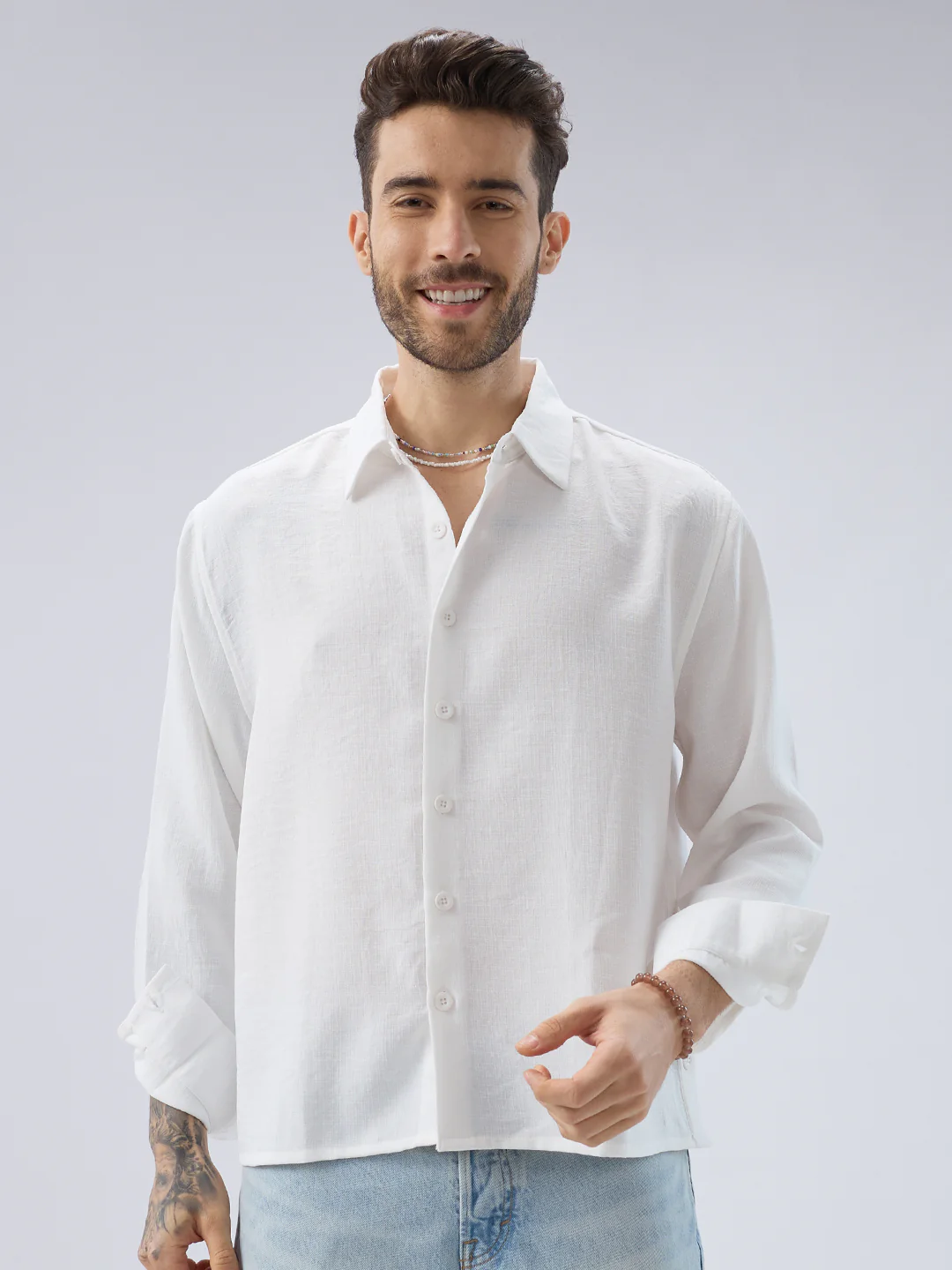 Snow White Side Slit Button Slub Textured Oversized Crop Shirt - Image 5