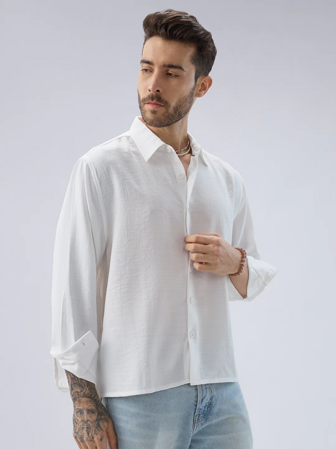 Snow White Side Slit Button Slub Textured Oversized Crop Shirt - Image 6