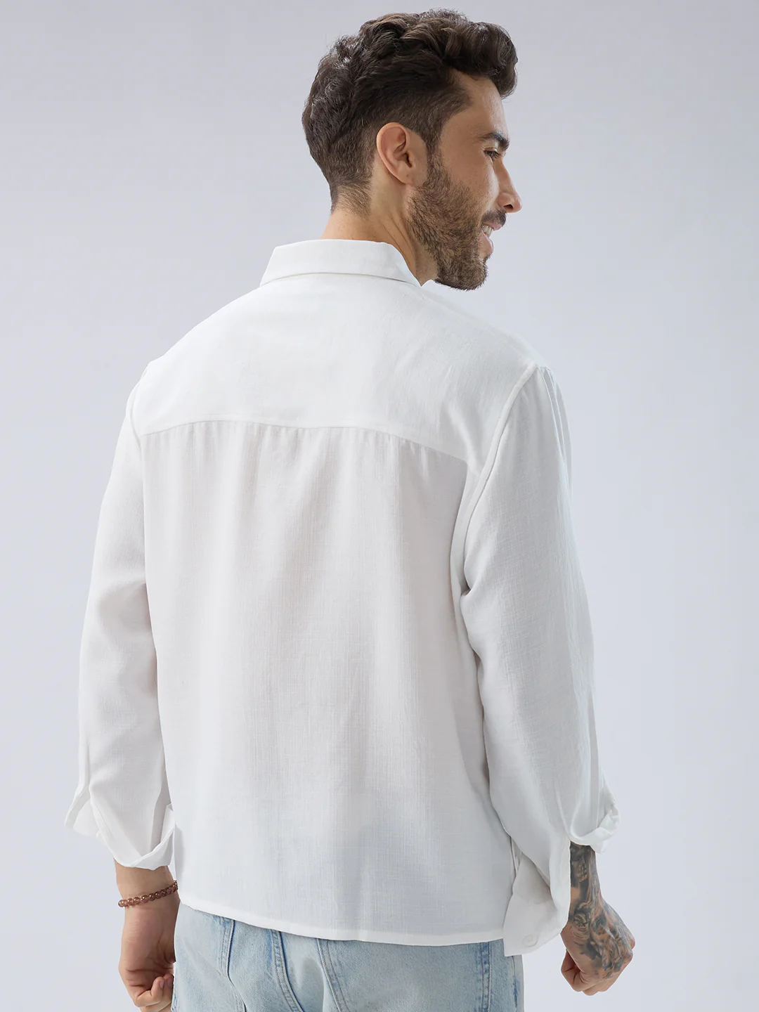 Snow White Side Slit Button Slub Textured Oversized Crop Shirt - Image 7