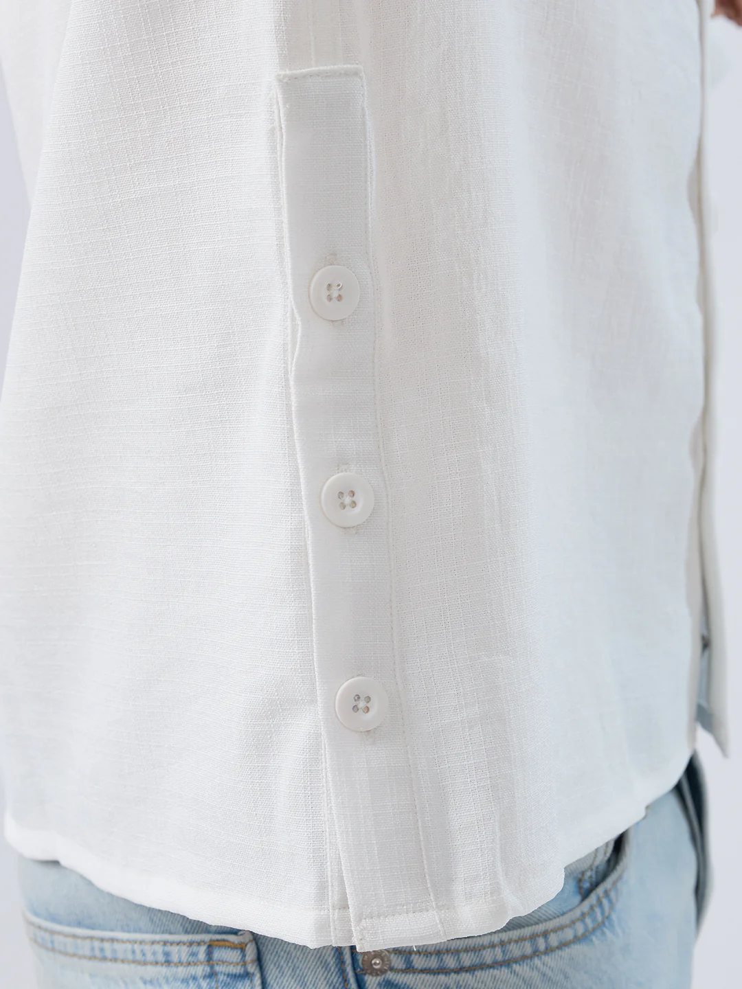 Snow White Side Slit Button Slub Textured Oversized Crop Shirt - Image 9