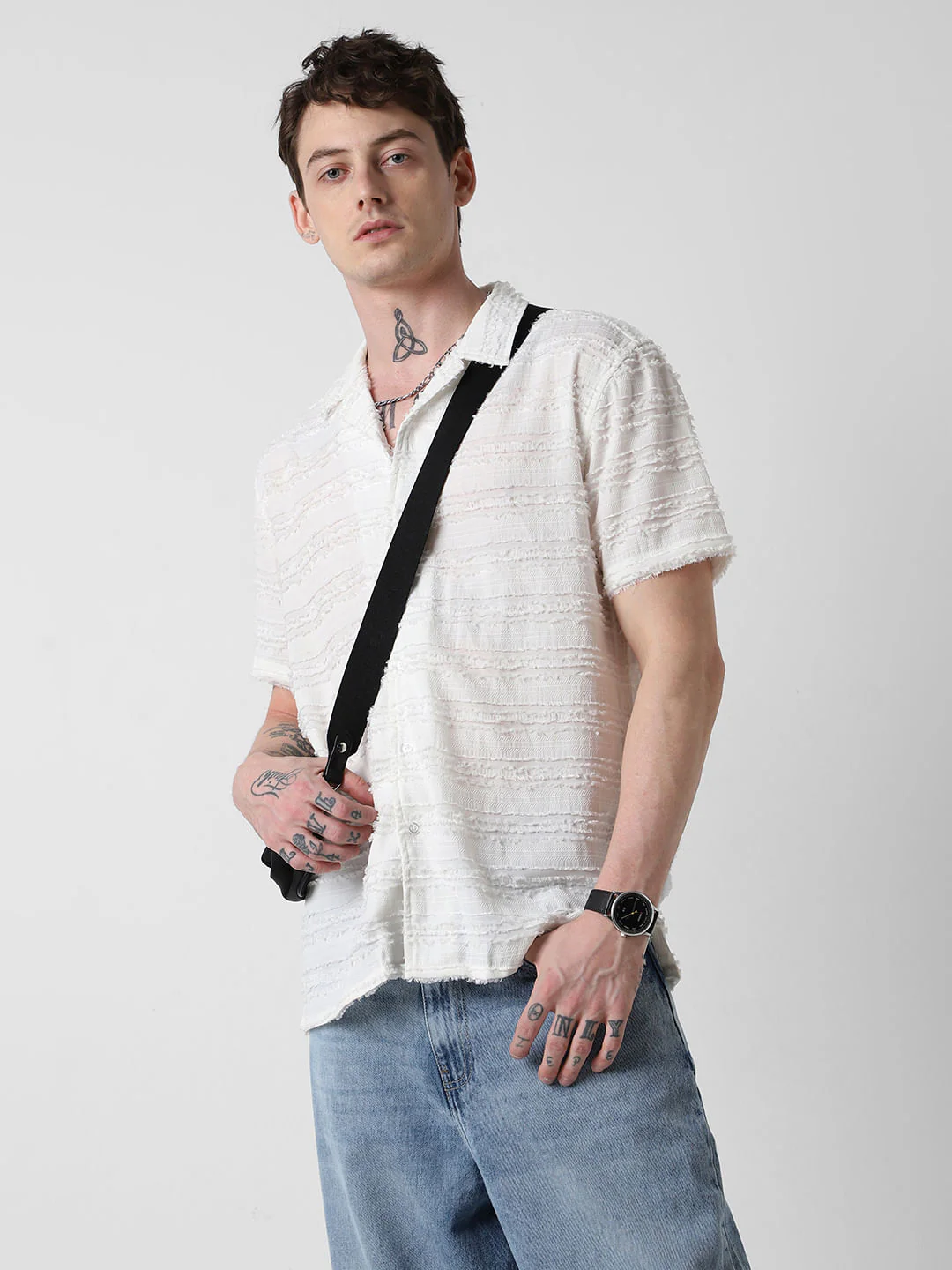 Snow White Textured Frayed Oversized Shirt - Image 4