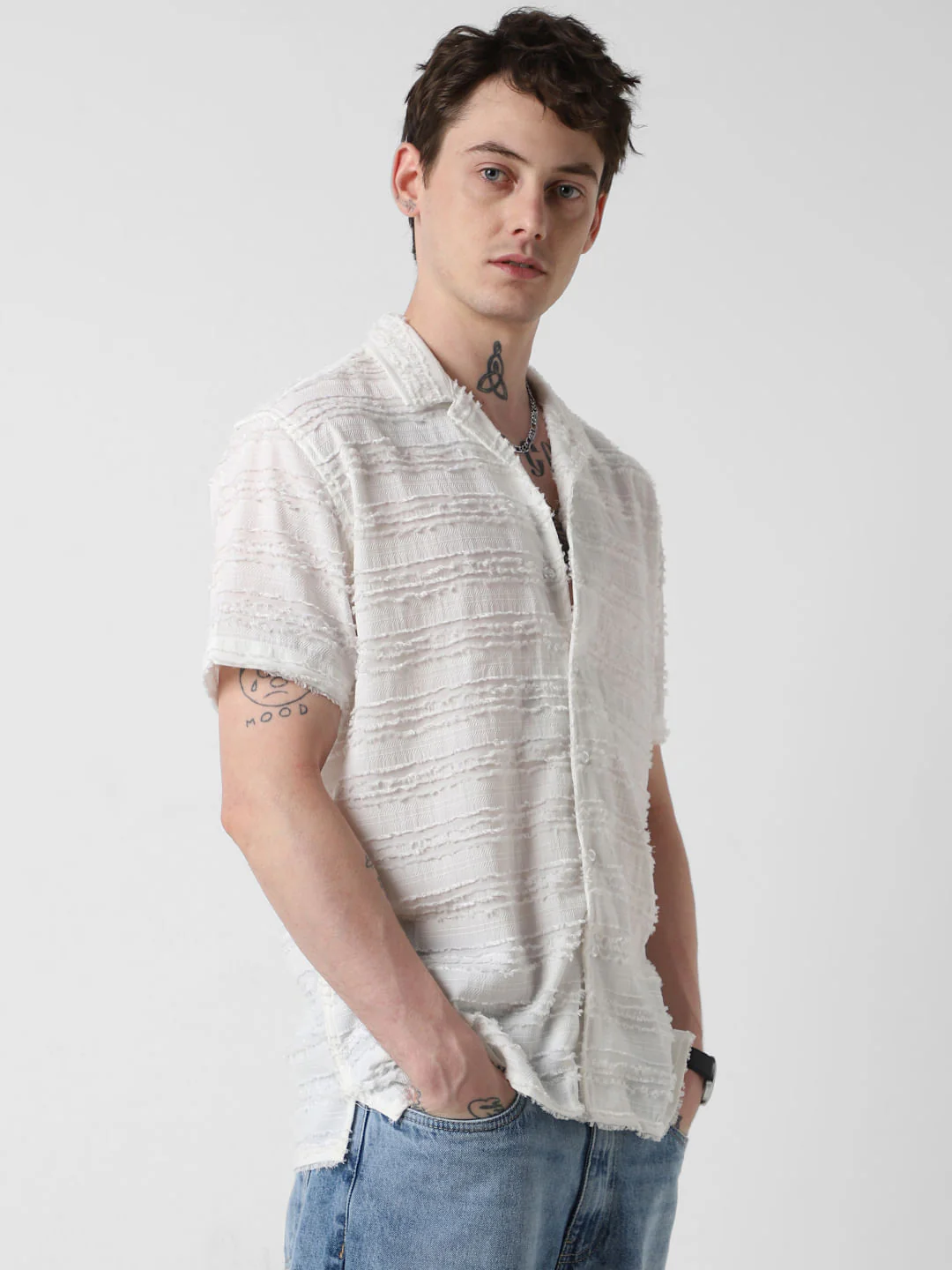 Snow White Textured Frayed Oversized Shirt - Image 5