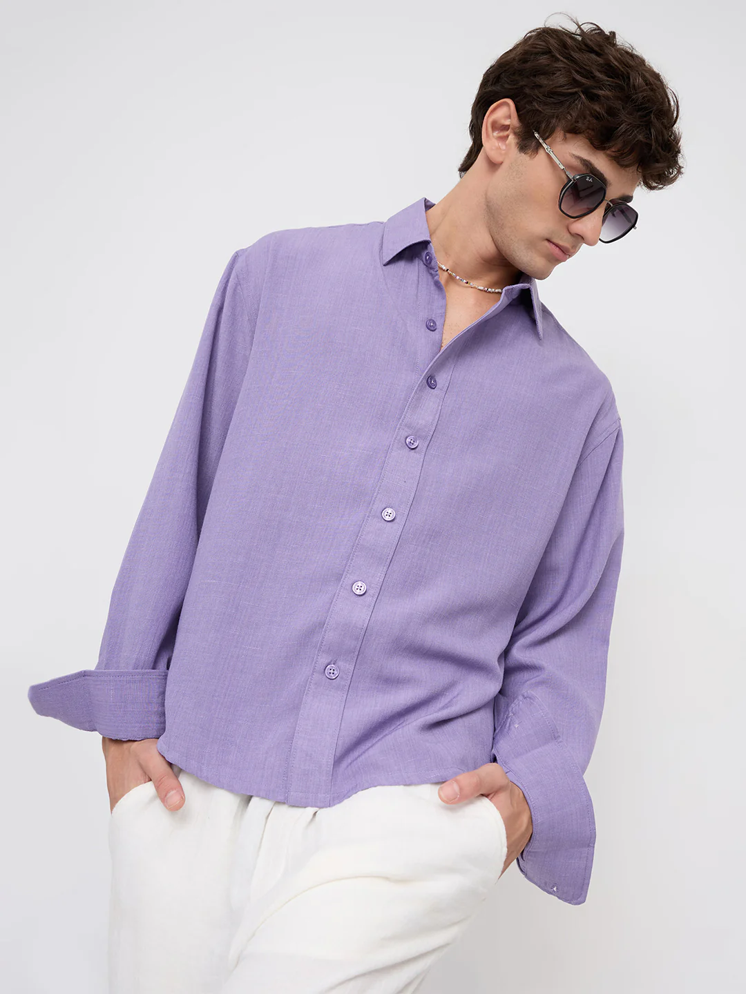 Soft Amethyst Fine Weave Boxy Fit Crop Shirt - Image 2