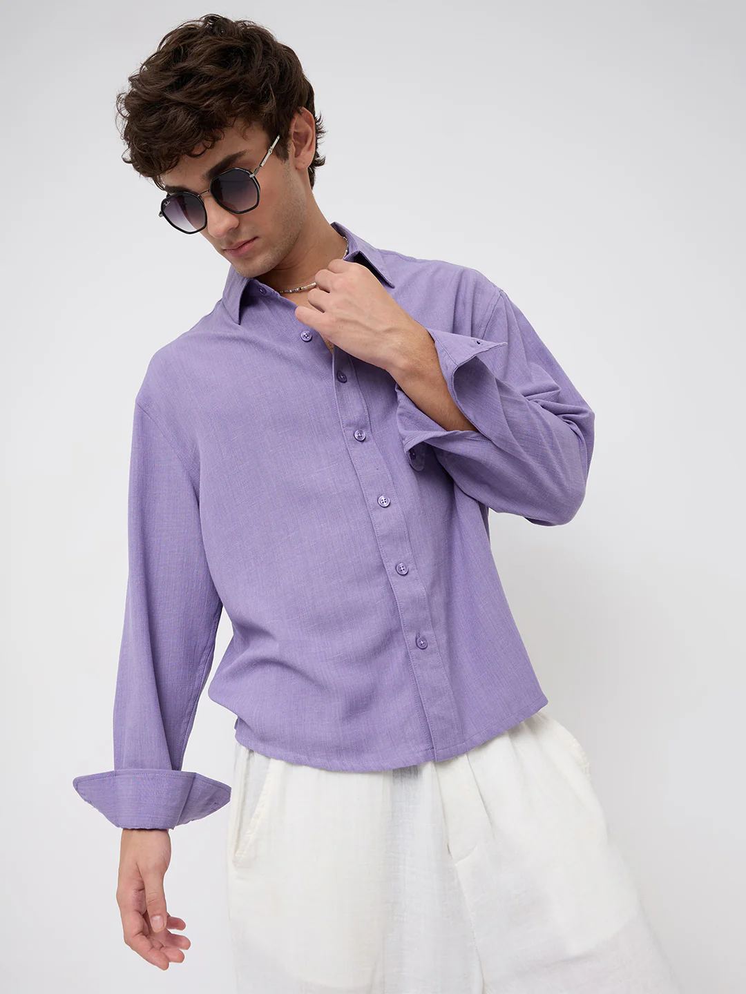 Soft Amethyst Fine Weave Boxy Fit Crop Shirt - Image 4