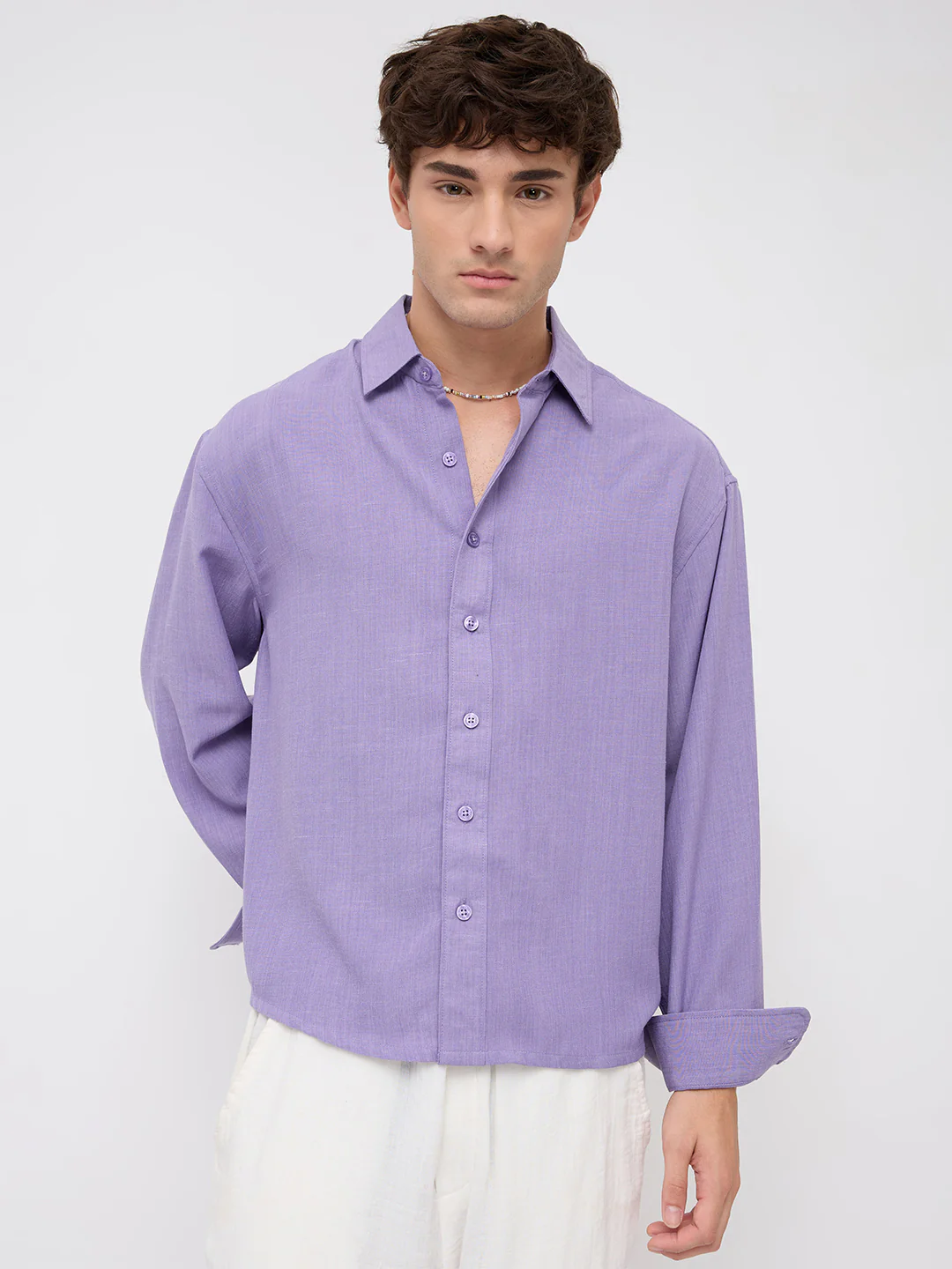 Soft Amethyst Fine Weave Boxy Fit Crop Shirt - Image 5