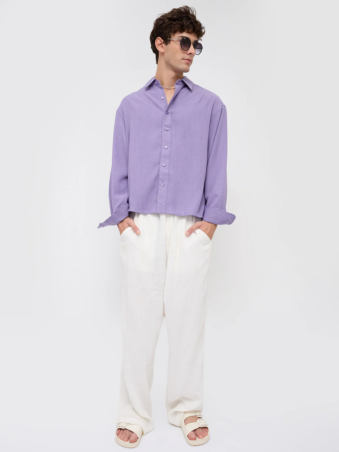 Soft Amethyst Fine Weave Boxy Fit Crop Shirt - Image 8