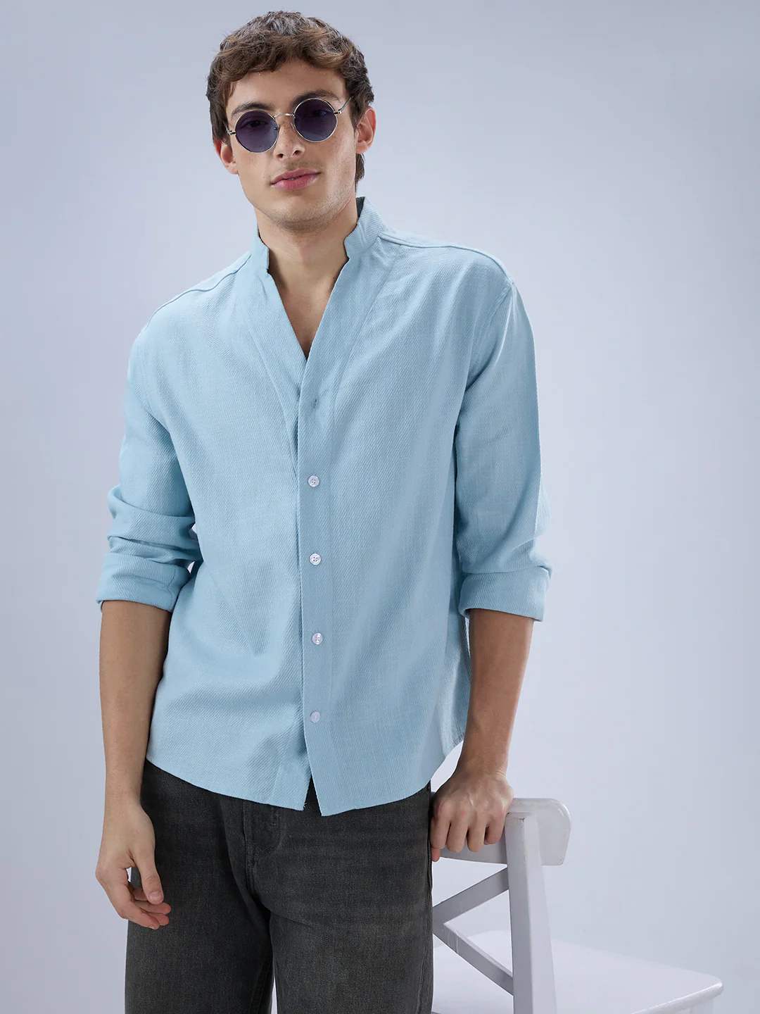 Soft Baby Blue Diagonal Textured Stand Collar Oversized Shirt - Image 2