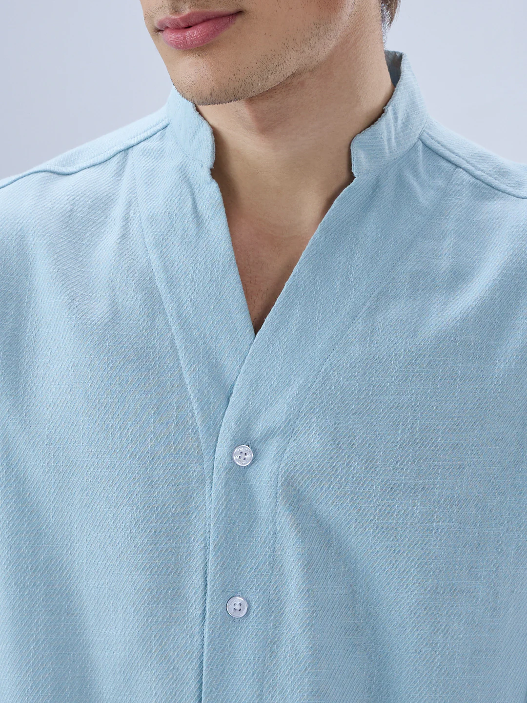 Soft Baby Blue Diagonal Textured Stand Collar Oversized Shirt - Image 3