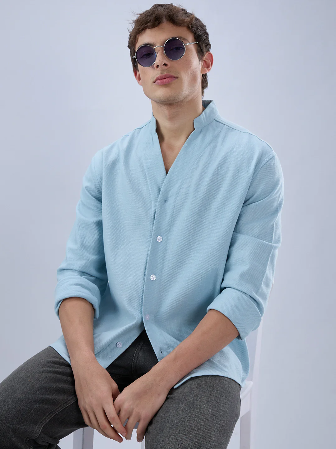 Soft Baby Blue Diagonal Textured Stand Collar Oversized Shirt - Image 4