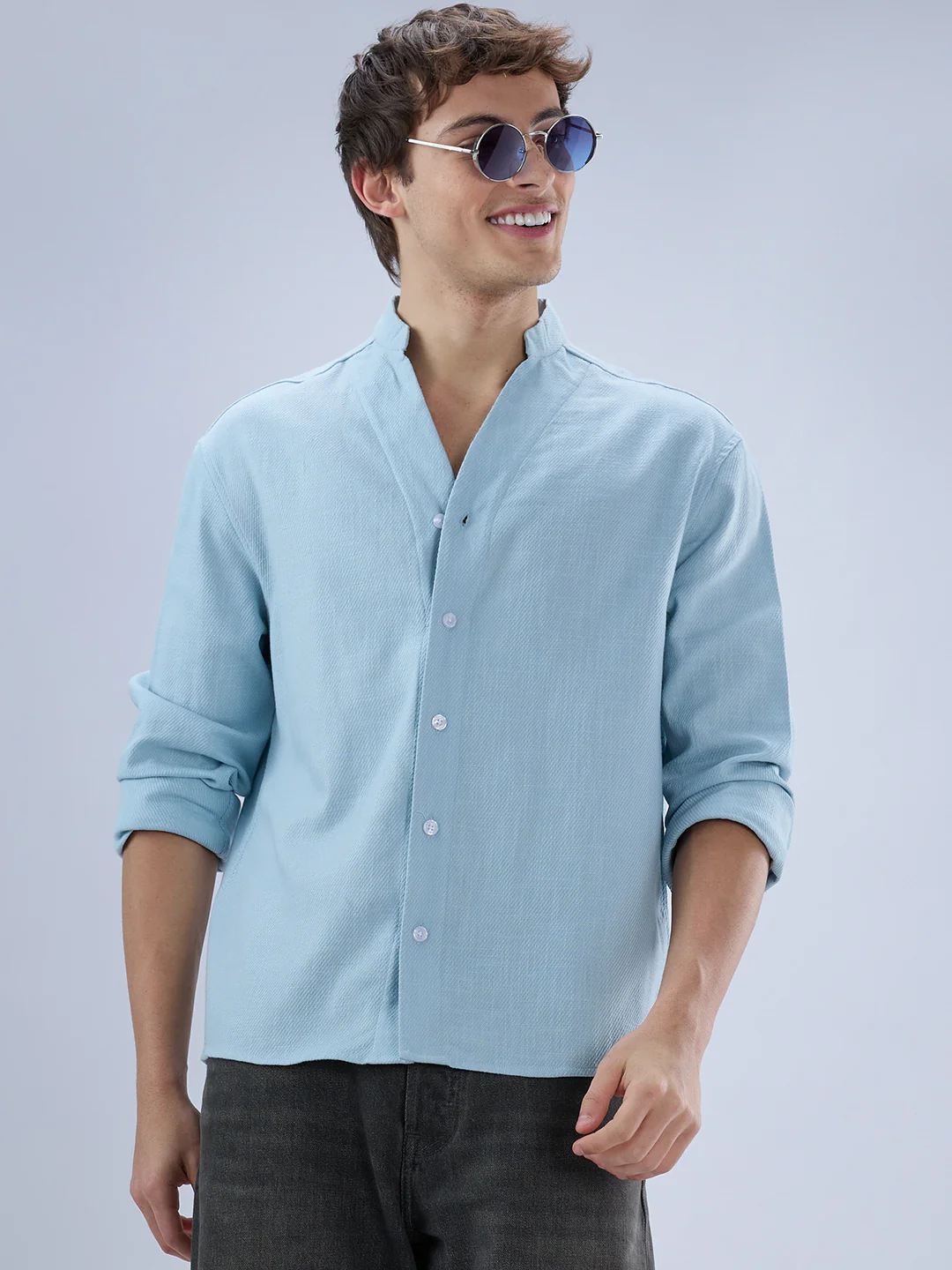 Soft Baby Blue Diagonal Textured Stand Collar Oversized Shirt - Image 5