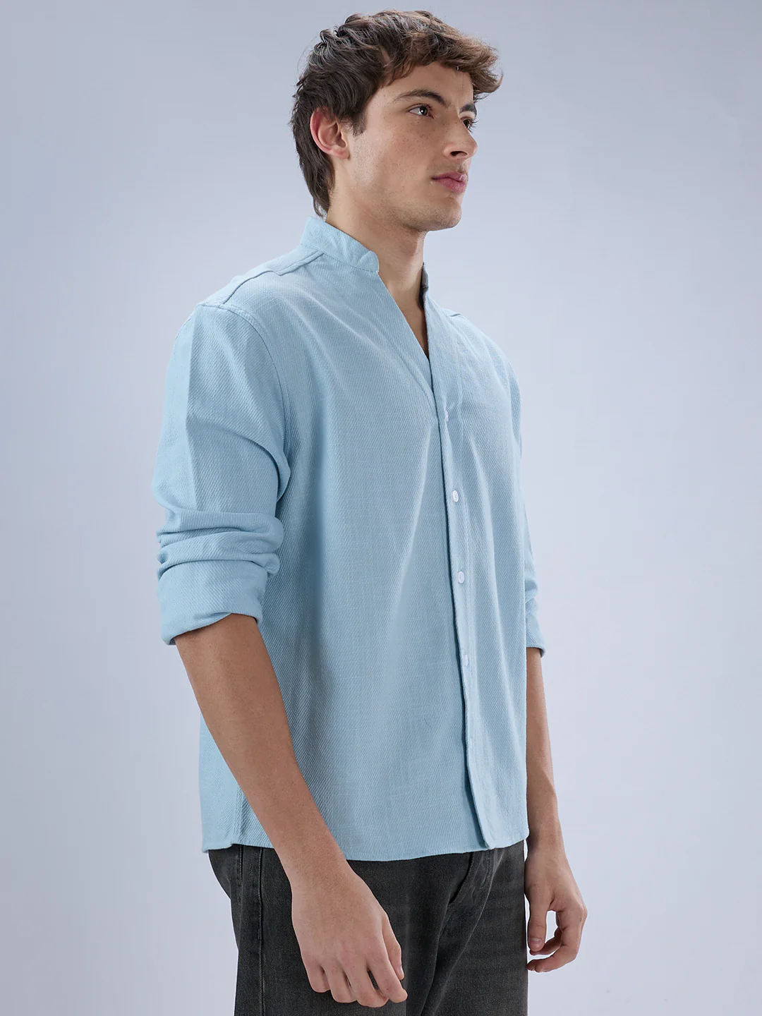 Soft Baby Blue Diagonal Textured Stand Collar Oversized Shirt - Image 6