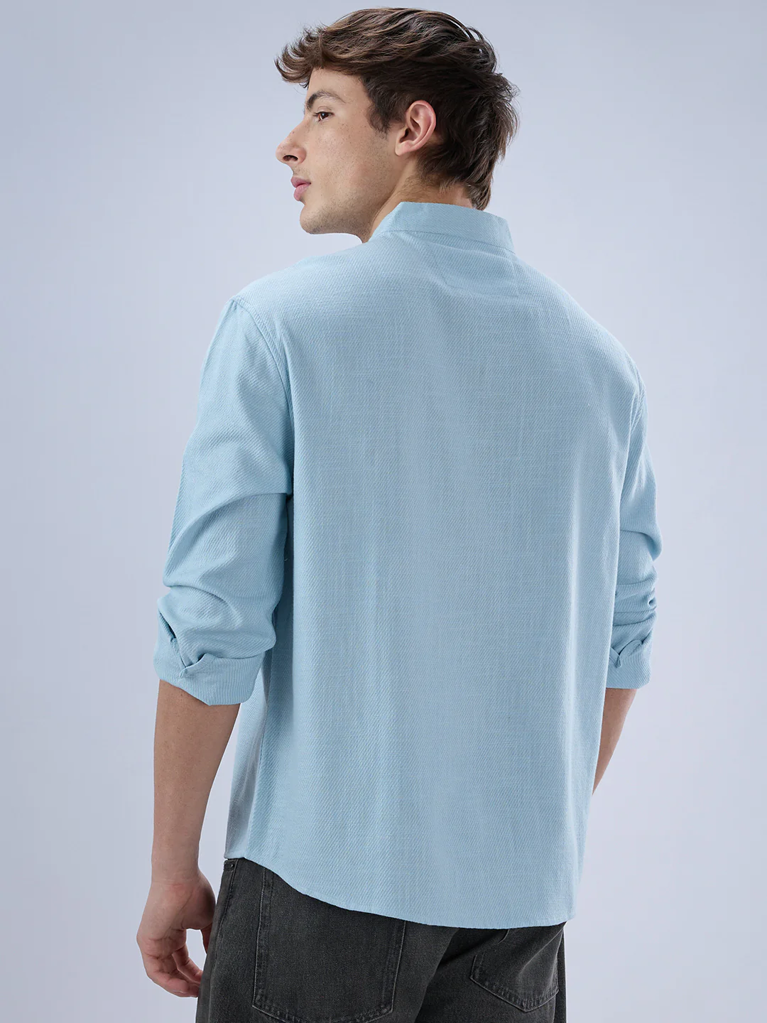 Soft Baby Blue Diagonal Textured Stand Collar Oversized Shirt - Image 7