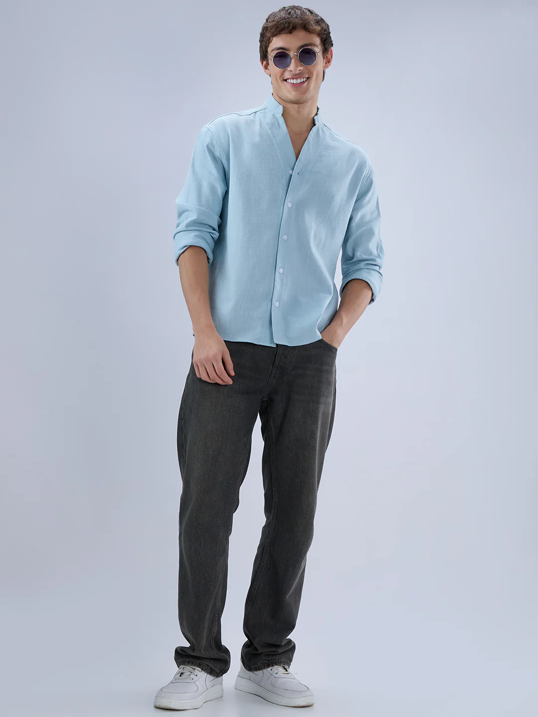 Soft Baby Blue Diagonal Textured Stand Collar Oversized Shirt - Image 8