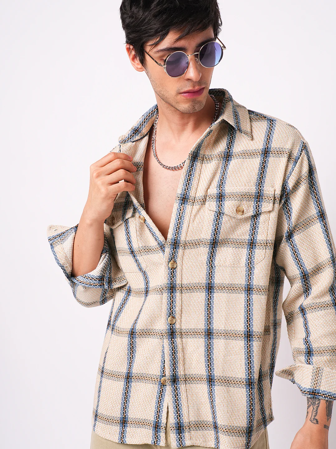 Soft Beige Box Checks Double Pocket Overshirt - Image 2