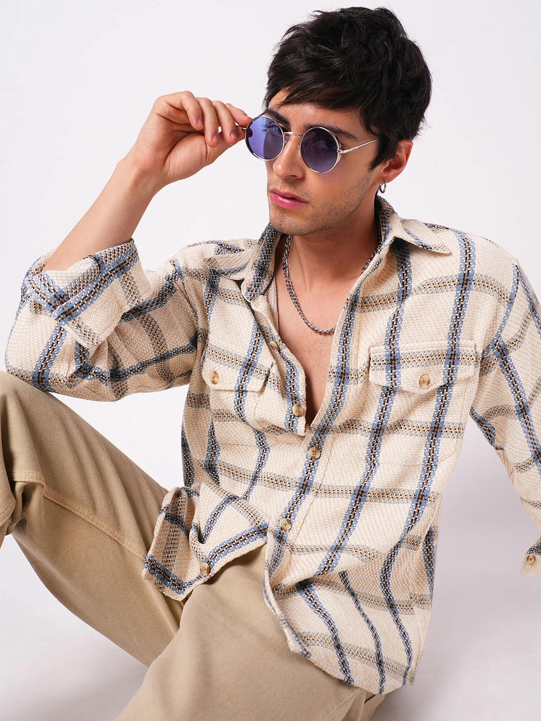 Soft Beige Box Checks Double Pocket Overshirt - Image 4