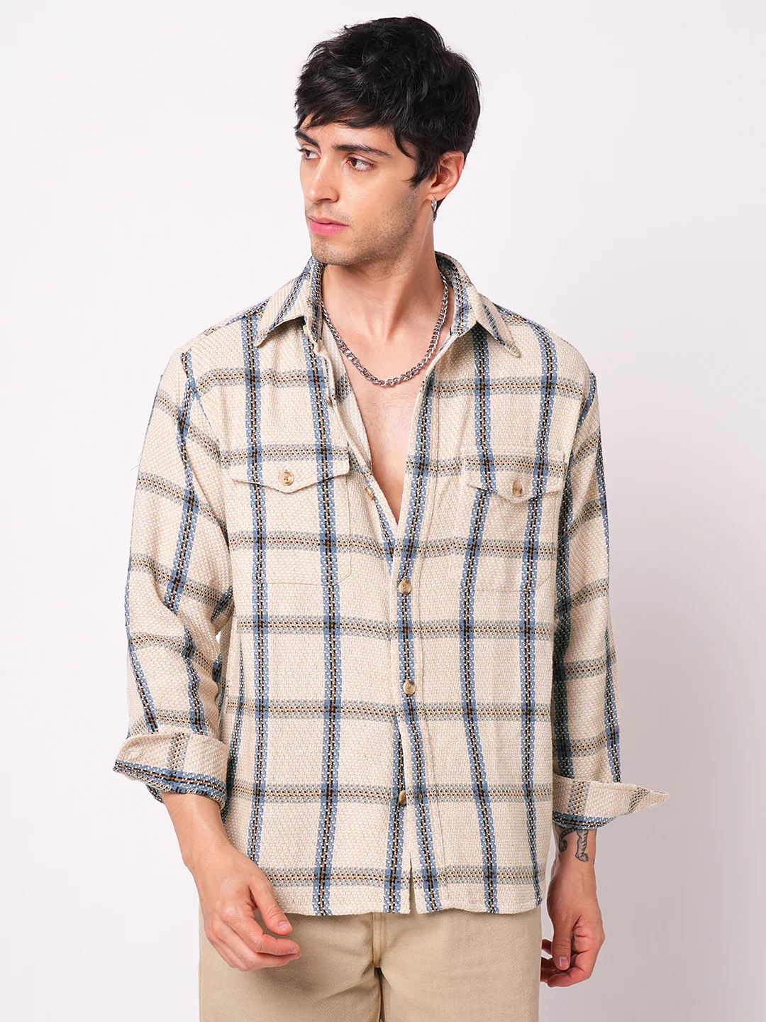 Soft Beige Box Checks Double Pocket Overshirt - Image 5