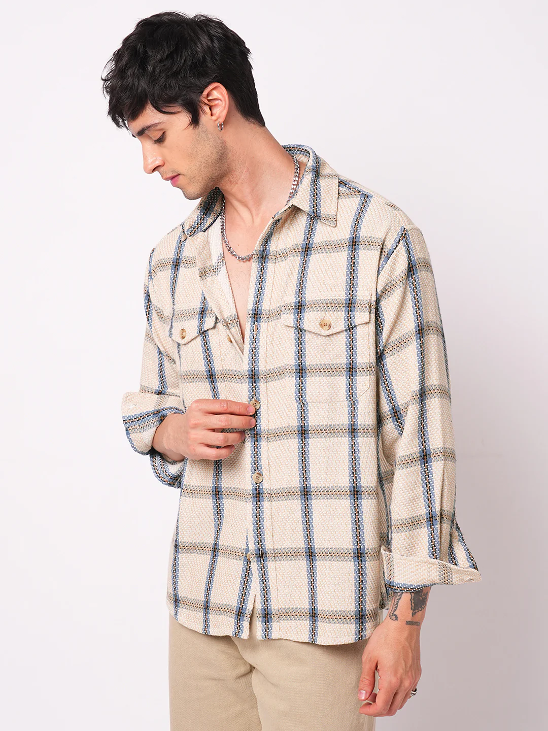 Soft Beige Box Checks Double Pocket Overshirt - Image 6