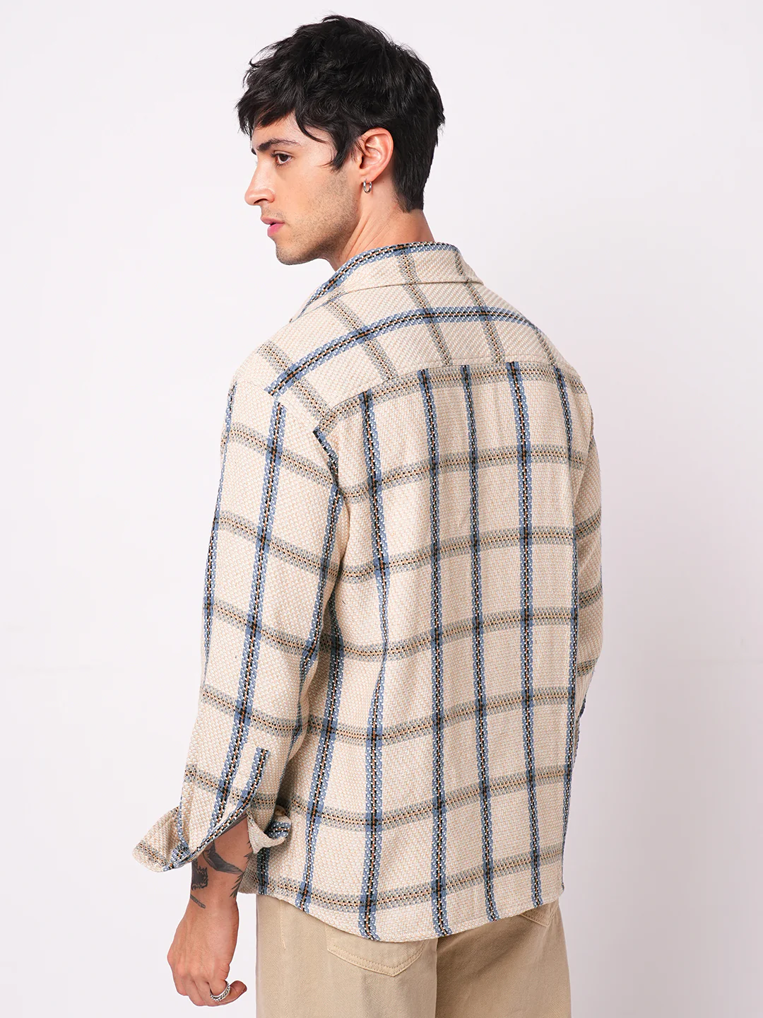 Soft Beige Box Checks Double Pocket Overshirt - Image 7
