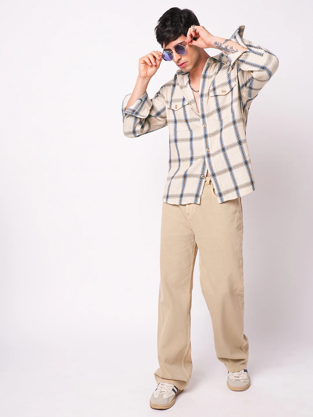 Soft Beige Box Checks Double Pocket Overshirt - Image 8
