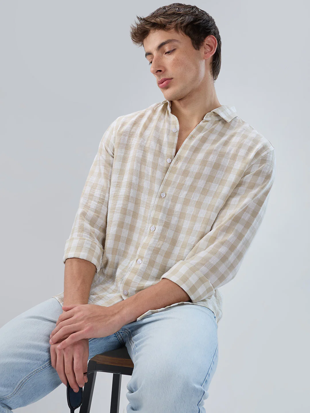Soft Beige Gingham Checks Shirt - Image 2