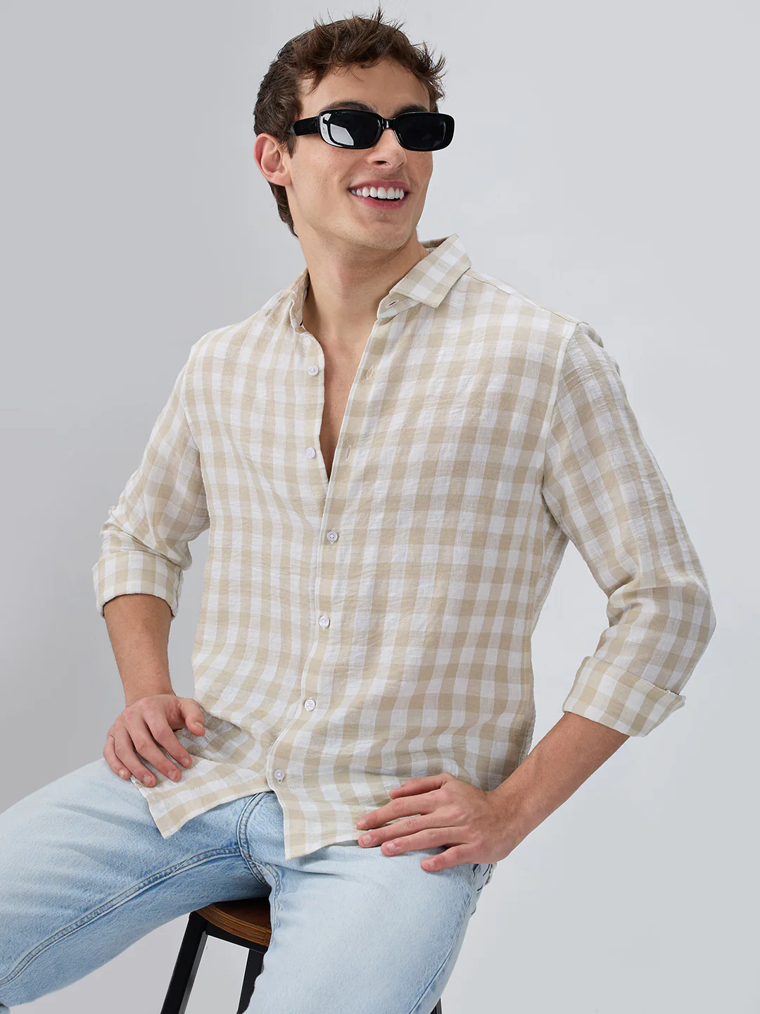 Soft Beige Gingham Checks Shirt - Image 4
