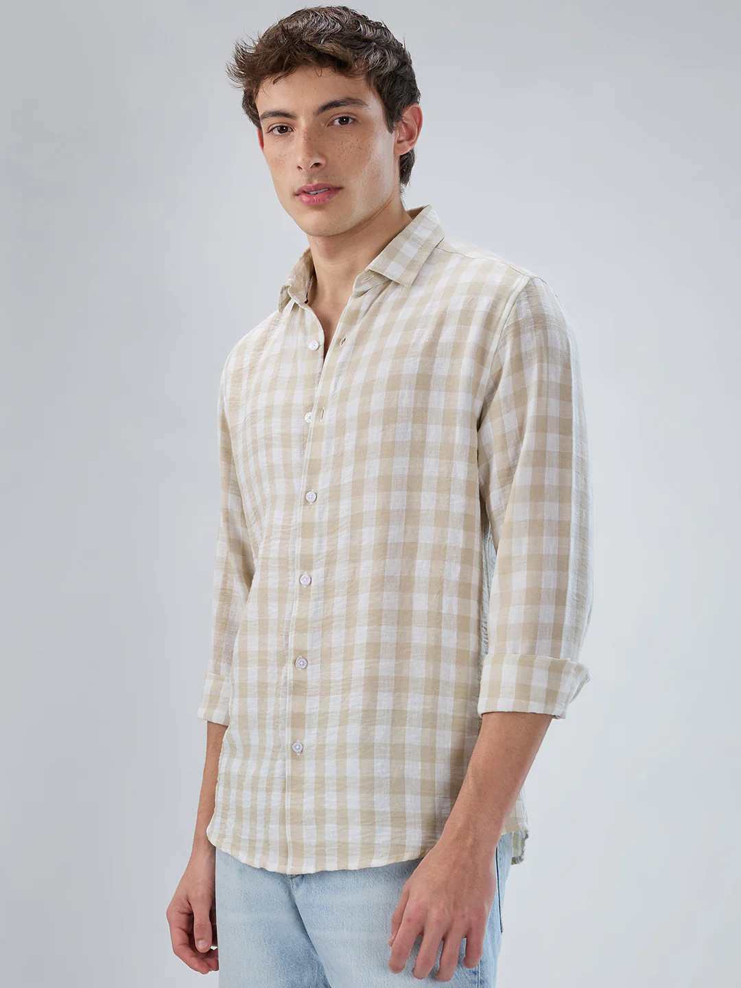Soft Beige Gingham Checks Shirt - Image 5