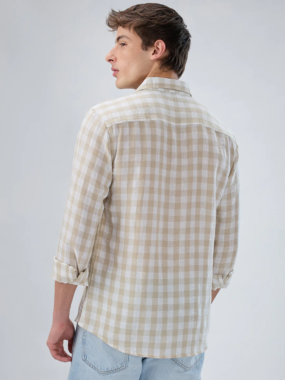 Soft Beige Gingham Checks Shirt - Image 6