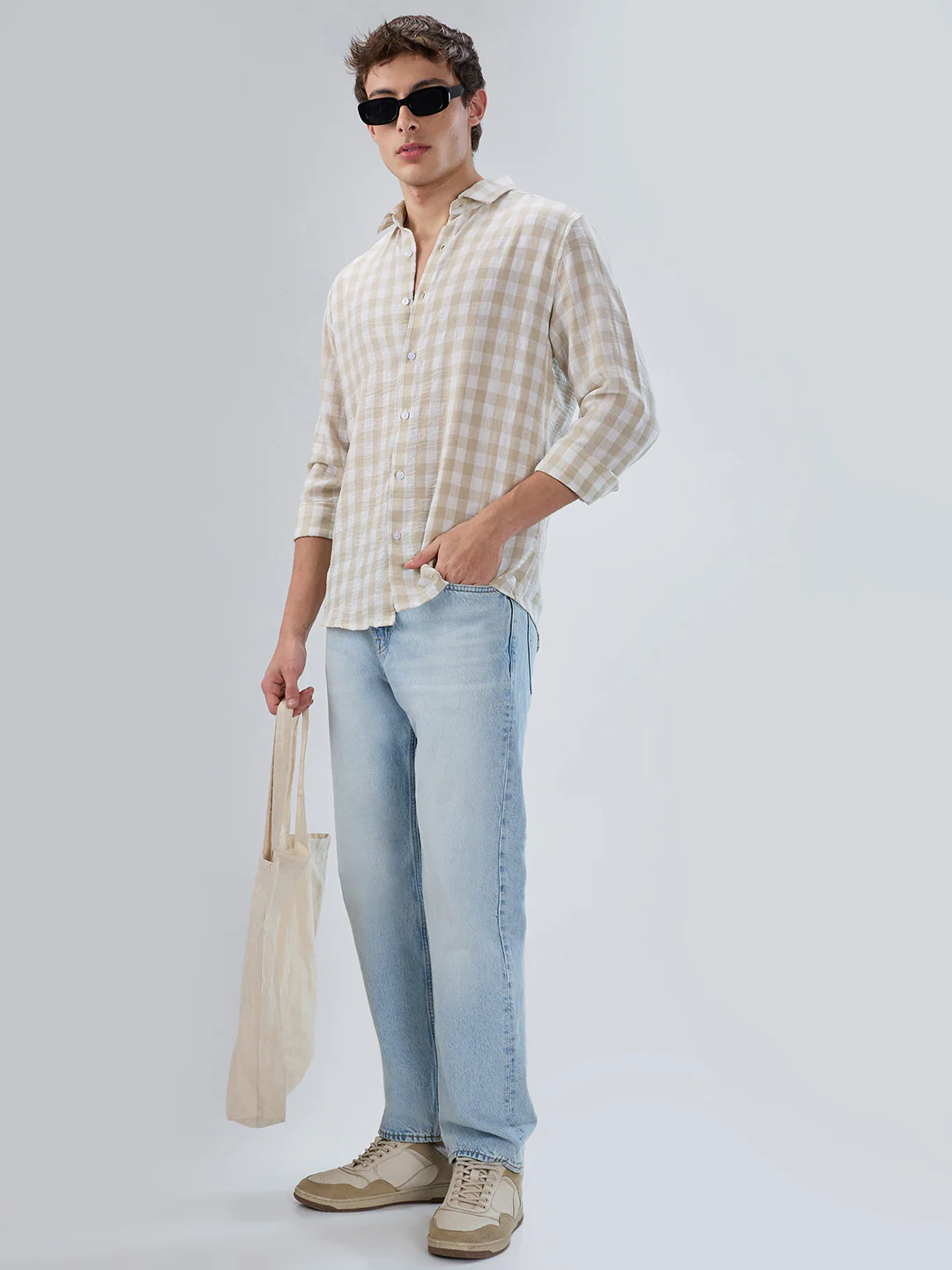 Soft Beige Gingham Checks Shirt - Image 7