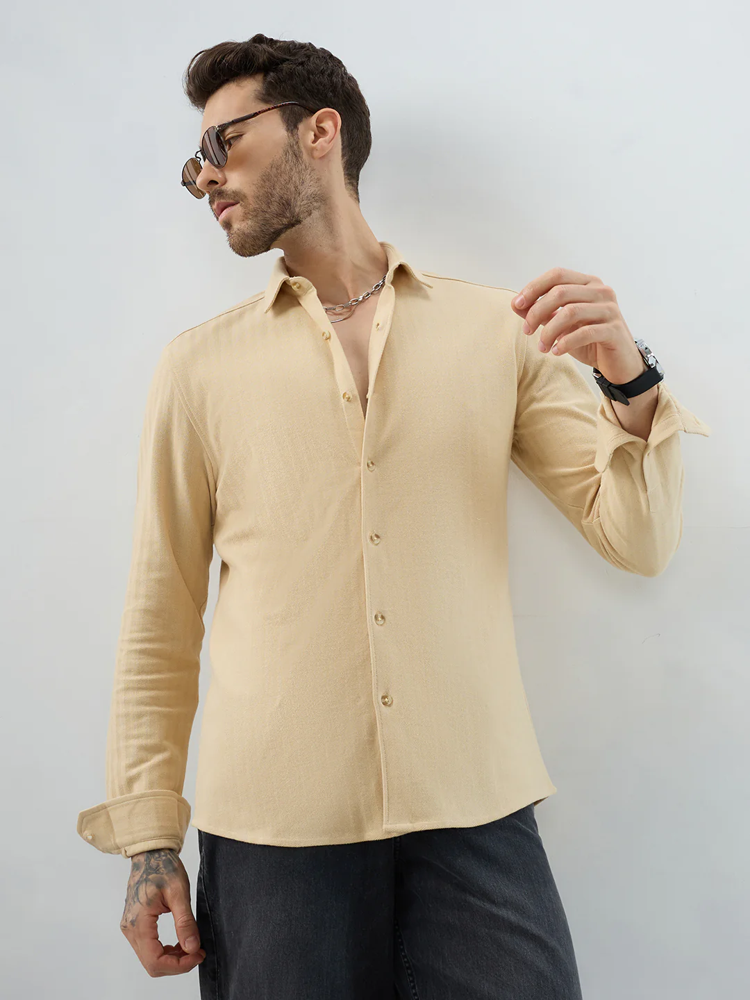 Soft Beige Herringbone Knit Shirt - Image 2