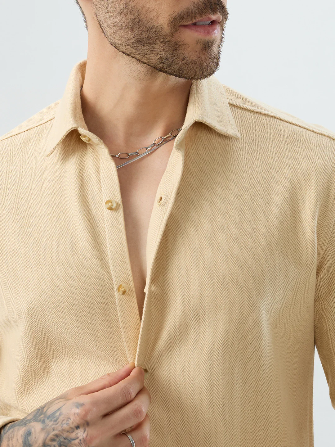 Soft Beige Herringbone Knit Shirt - Image 3