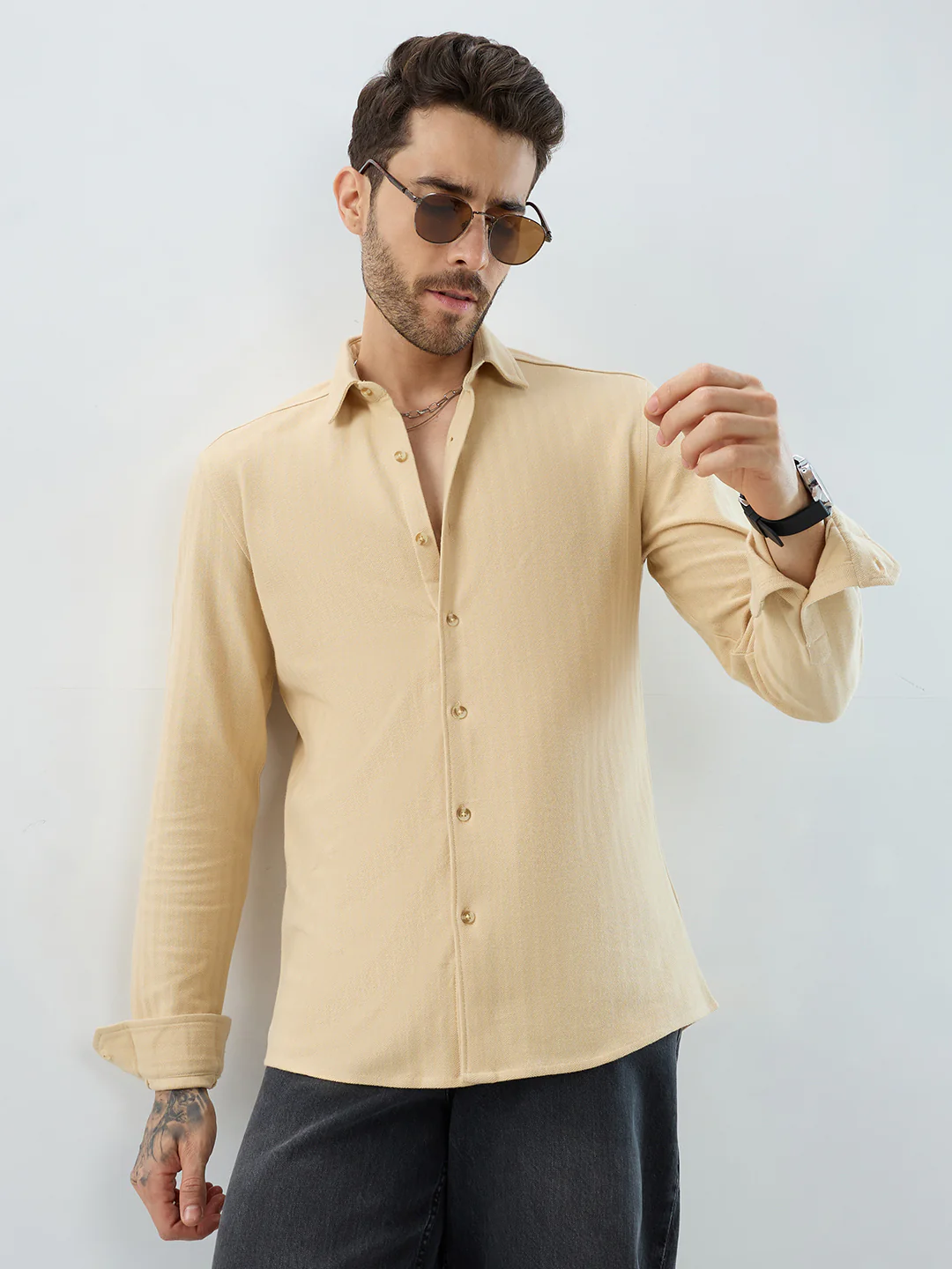 Soft Beige Herringbone Knit Shirt - Image 4
