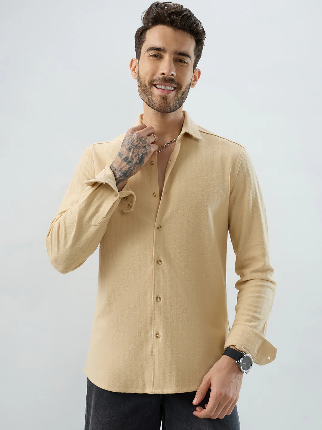 Soft Beige Herringbone Knit Shirt - Image 5