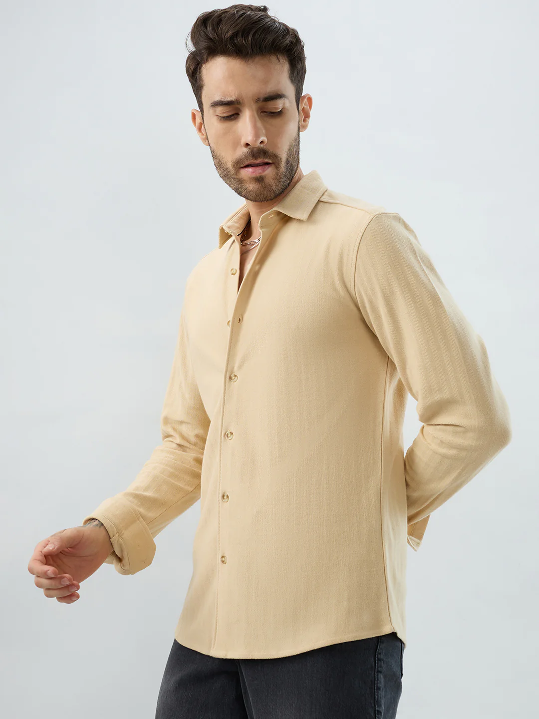 Soft Beige Herringbone Knit Shirt - Image 6