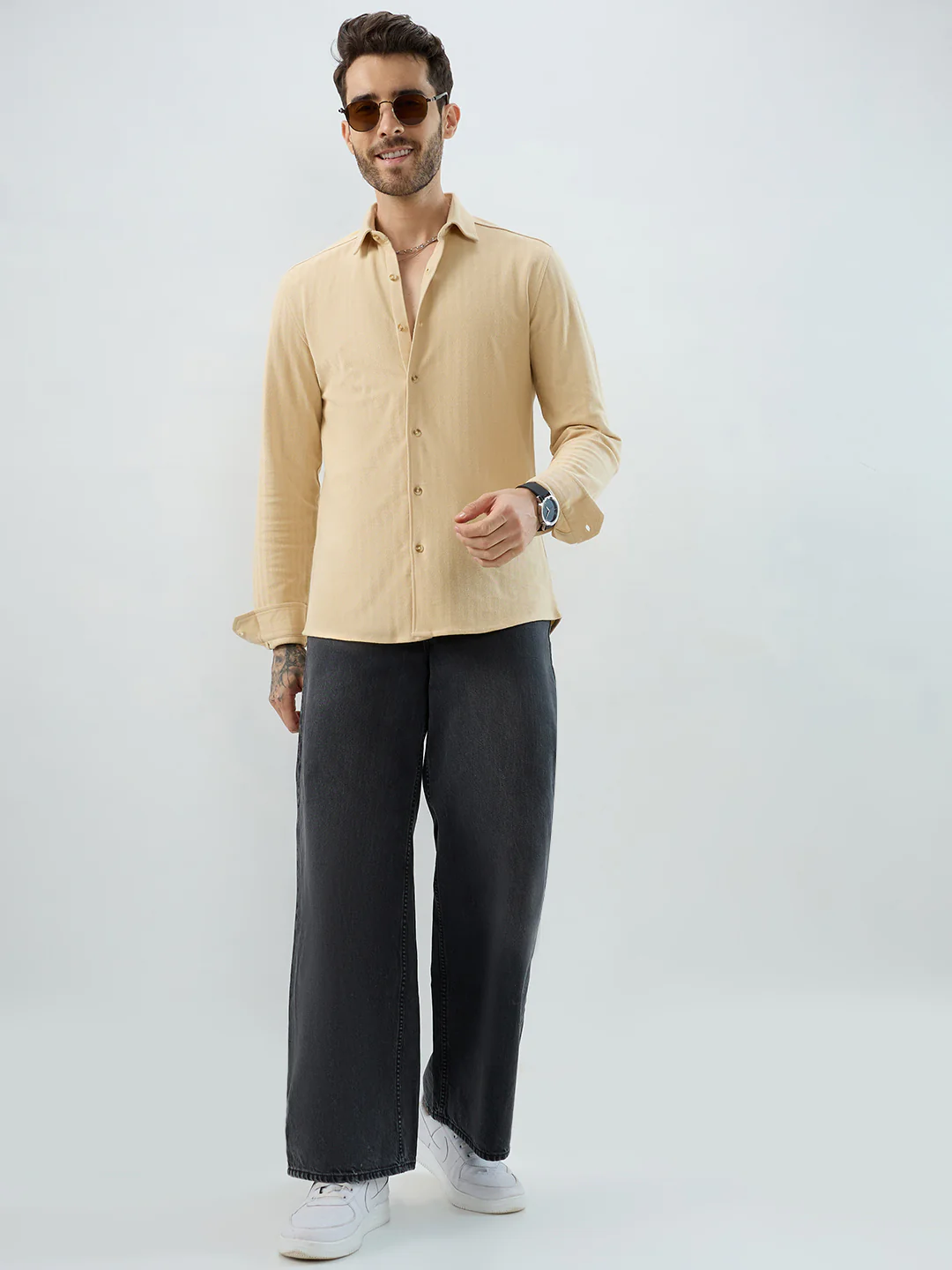 Soft Beige Herringbone Knit Shirt - Image 8