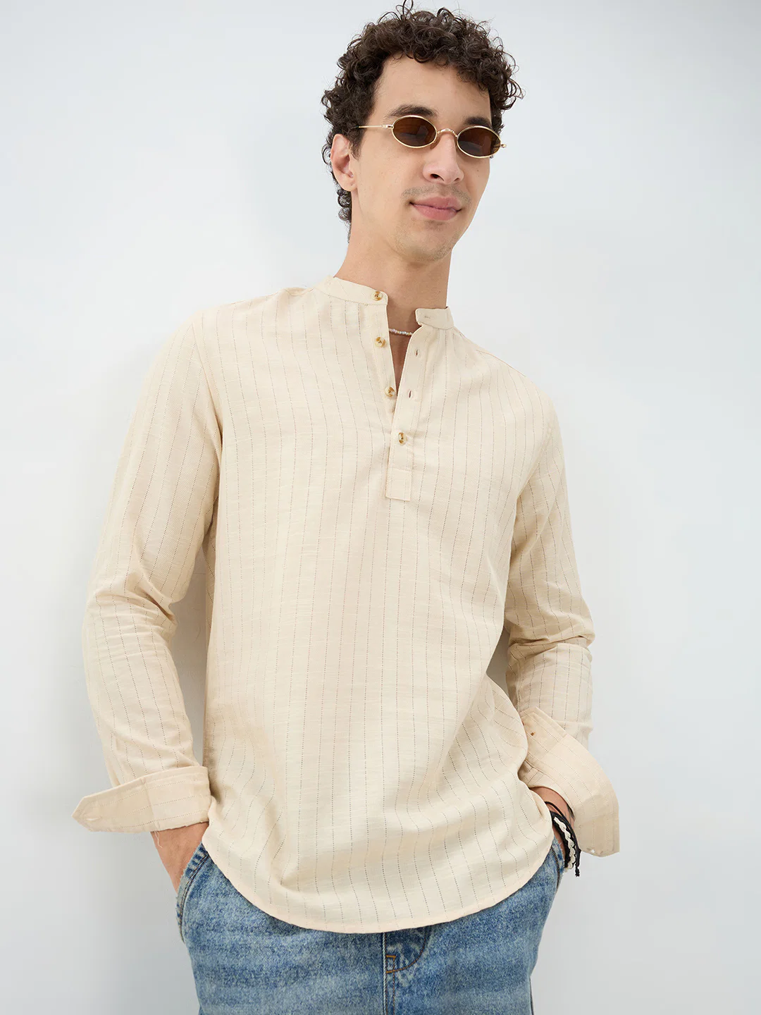 Soft Beige Ladder Striped Evening Kurta - Image 2